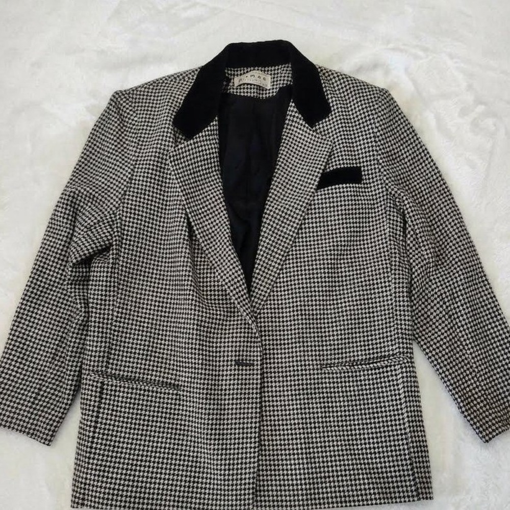Dumas Vintage Houndstooth Blazer Black White Velvet Collar Wool Blend L Large